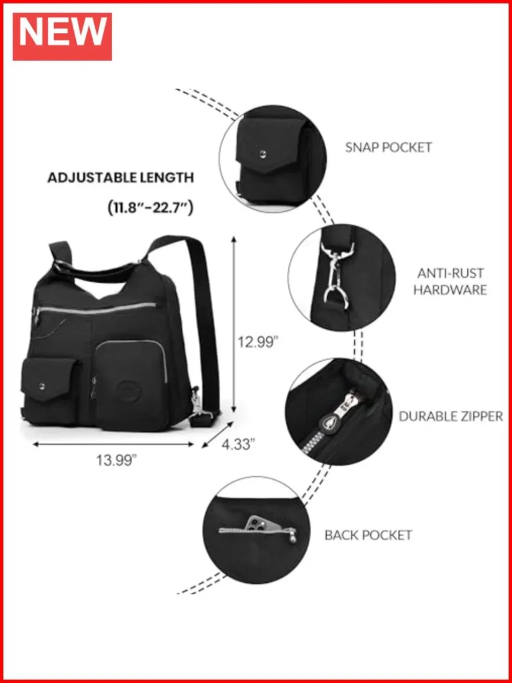 Waterproof Nylon Hobo Crossbody Convertible Backpack RFID